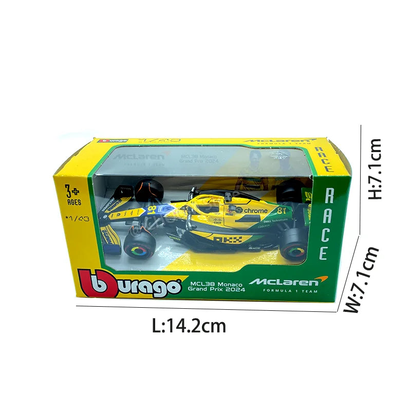 Bburago 1: 43 McLaren 2024 MCL38 Miami GP Fórmula de brinquedo modelo de carro de liga de corrida