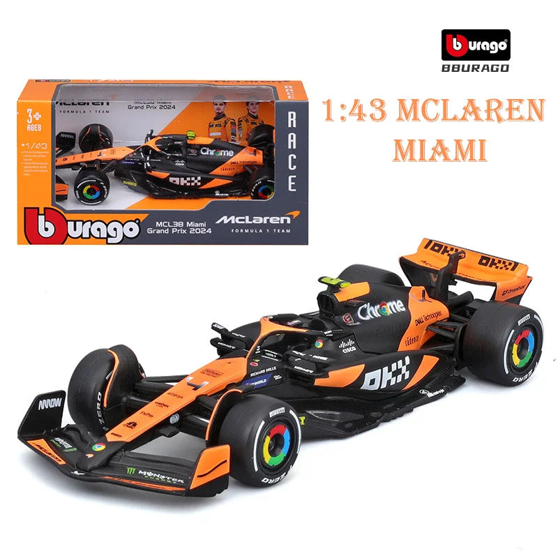 Bburago 1: 43 McLaren 2024 MCL38 Miami GP Fórmula de brinquedo modelo de carro de liga de corrida